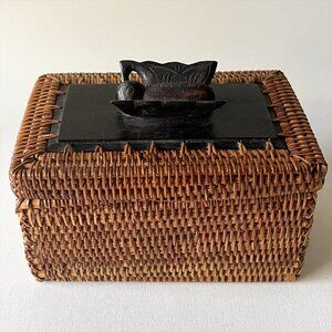 Vintage Handcrafted Woven Jewelry Box Wood Butterfly Lid